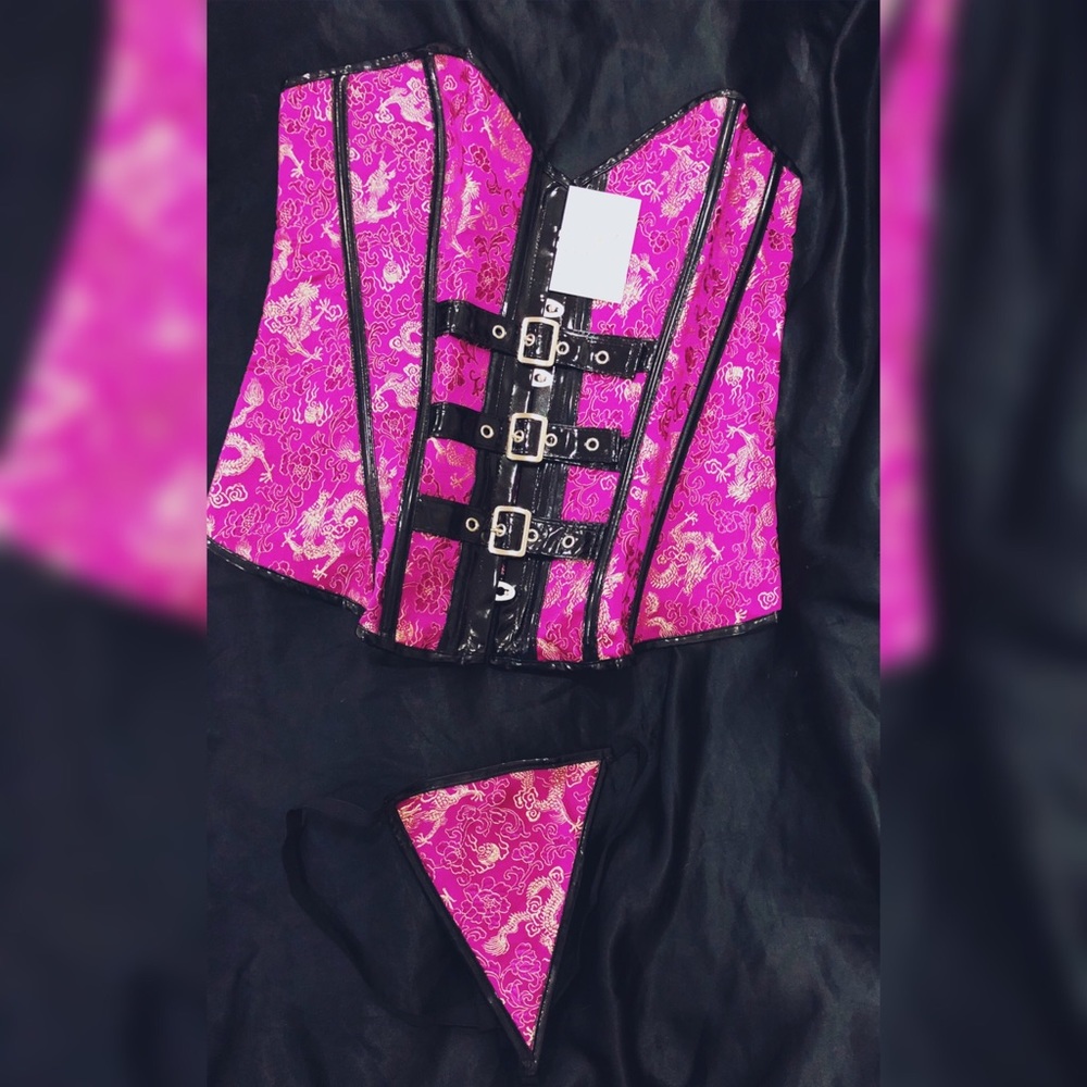 Rare Exotic Pink & Gold Brocade Corset & Thong Set